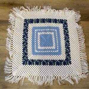 Handmade Crocheted Throw Blanket Afghan Blue White Granny Cottage Core 34 x 34